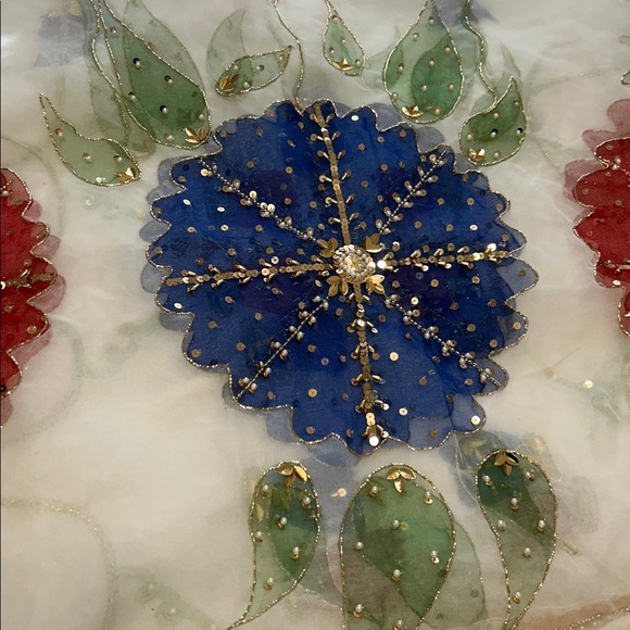 Organza Duppatta stole white painted floral full size. Pearl sequins work. NWOT - Picture 5 of 13